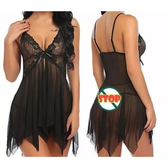 no brand Other - NEW Sexy Black Bow Babydoll Lingerie with Thong Large